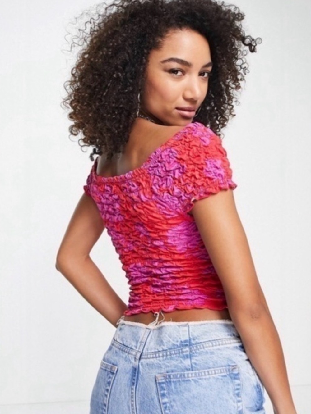 Free People Dominique Pink & Red Smocked Off-the-Shoulder Top / Large